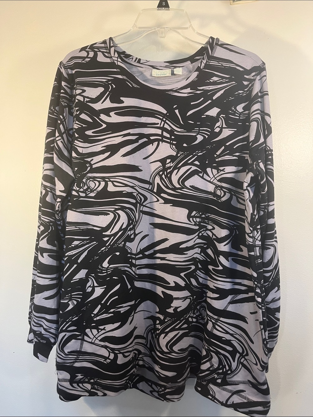 Long Sleeve Crewneck Tee in Light Purple with Black Abstract Print